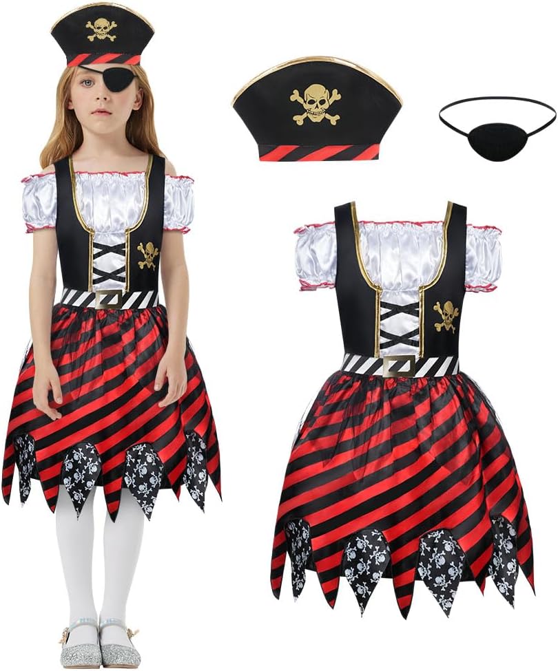 Detalle de Aomig Girls Pirate Costume 3 Pcs Set: Dress, Hat & Eye Patch for Kids