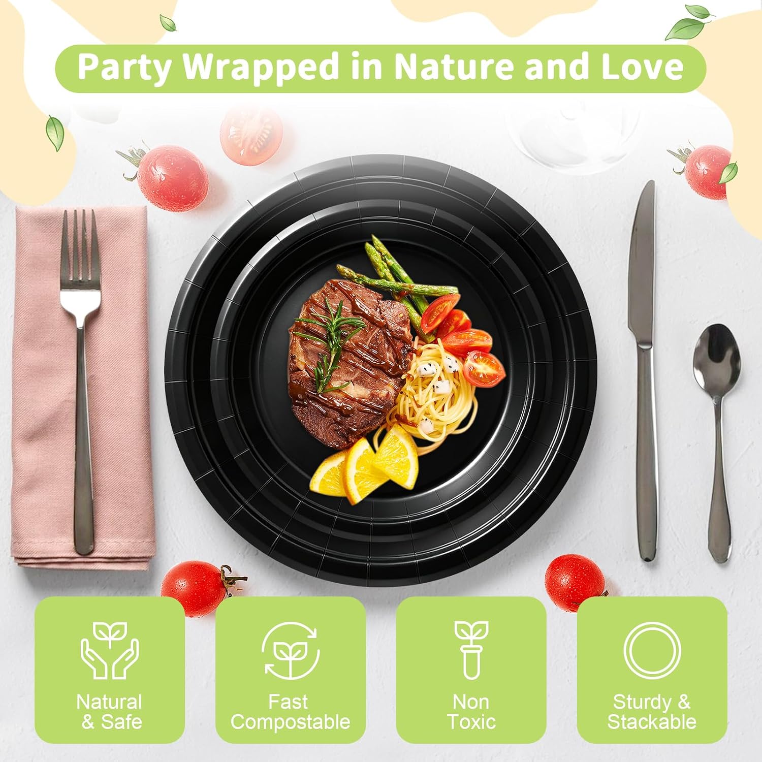 Detalle de LANLISA 50 Black Paper Plates Disposable — 7" dessert plates + 9" dinner plates for parties
