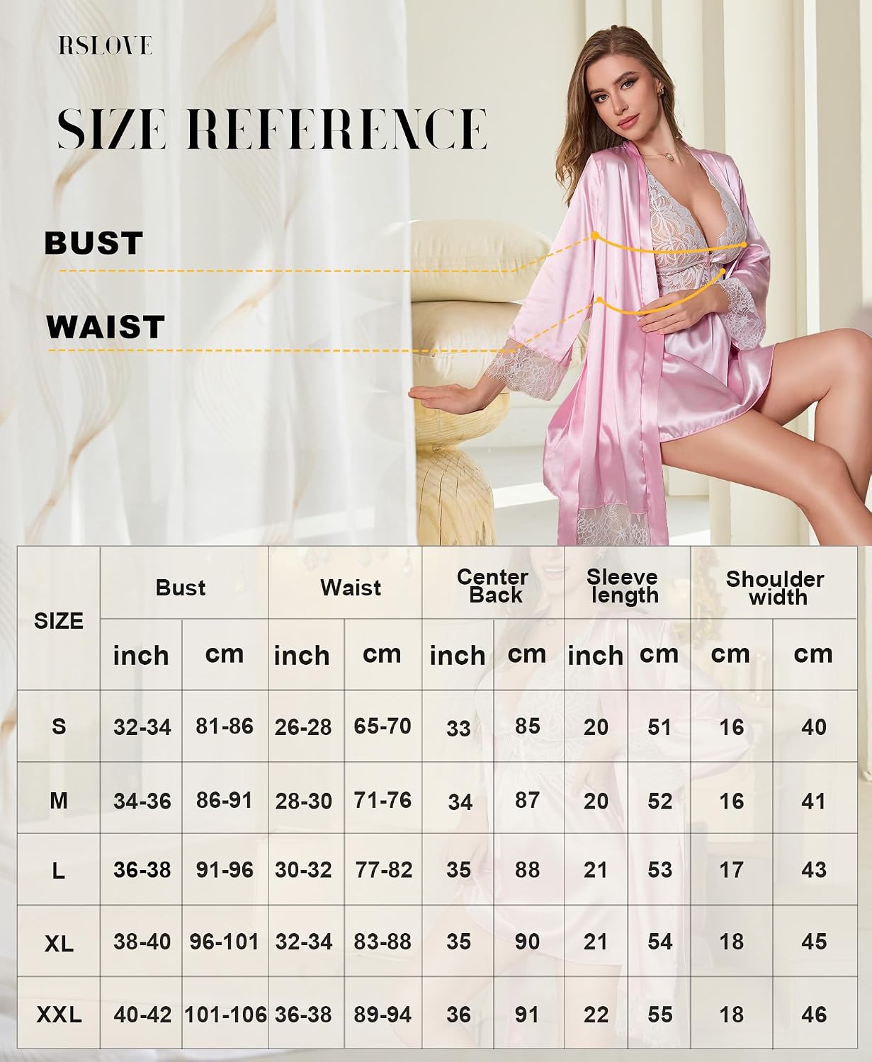 Detalle de RSLOVE satijnen lingerieset met kanten babydoll en bijpassende ochtendjas