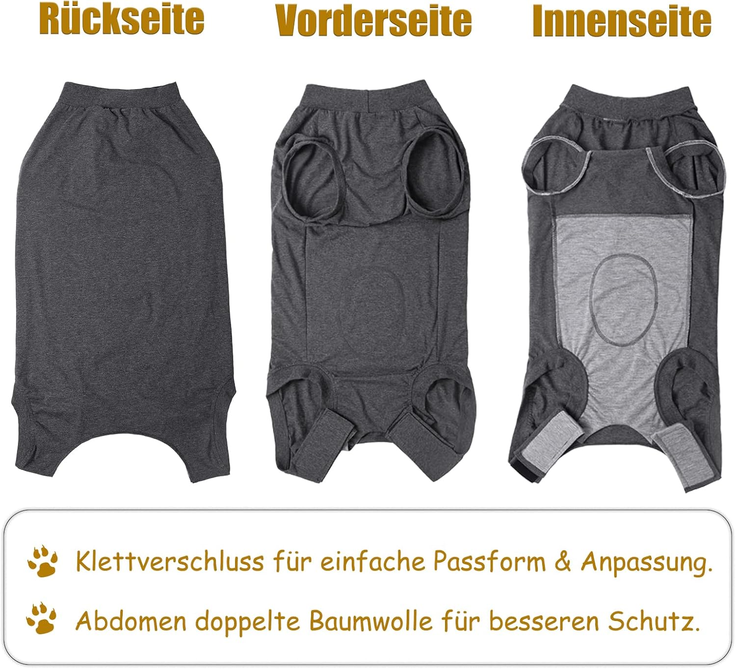 Detalle 2 de Axcimond Hundebody nach OP mit Leckschutz Grau, Größe XL – Einteiler mit Klettverschluss