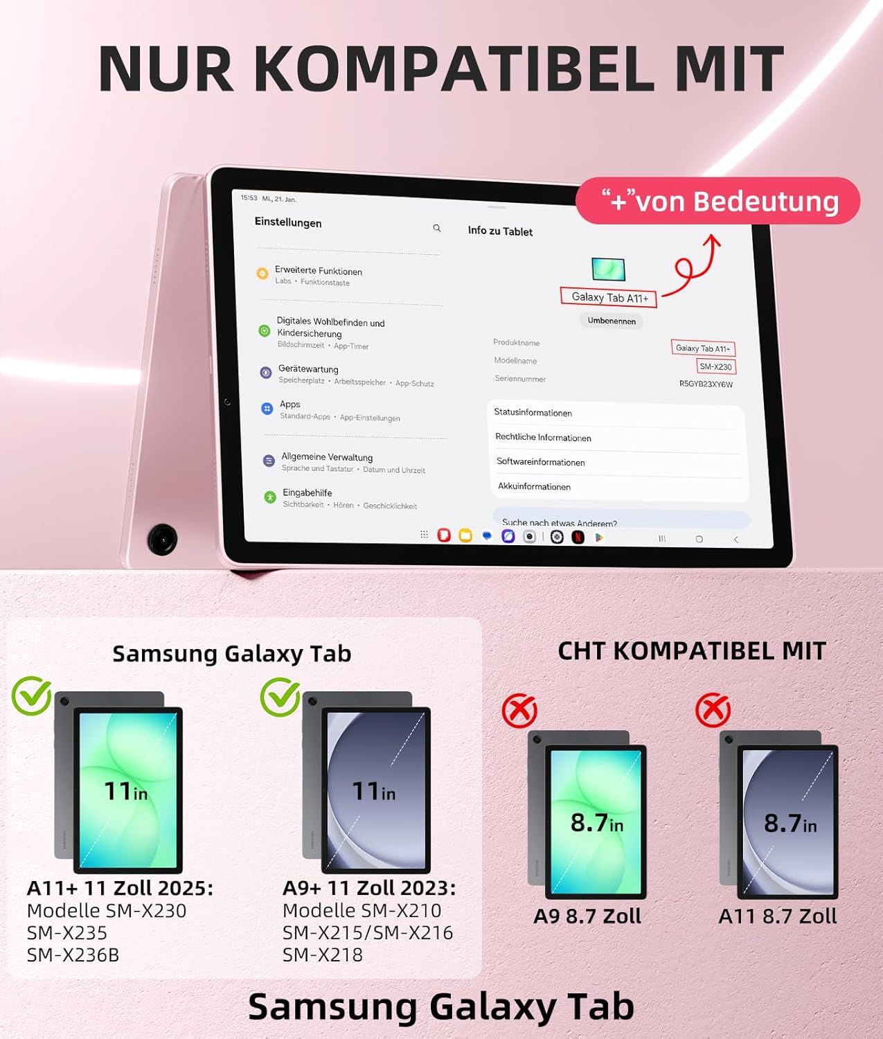 Thumbnail 1 de Vobafe Hülle mit Tastatur für Samsung Galaxy Tab A11+ Plus (11 Zoll, 2025) & Tab A9+ Plus (11 Zoll, 2023) – QWERTZ, beleuchtet, abnehmbar, Rosa