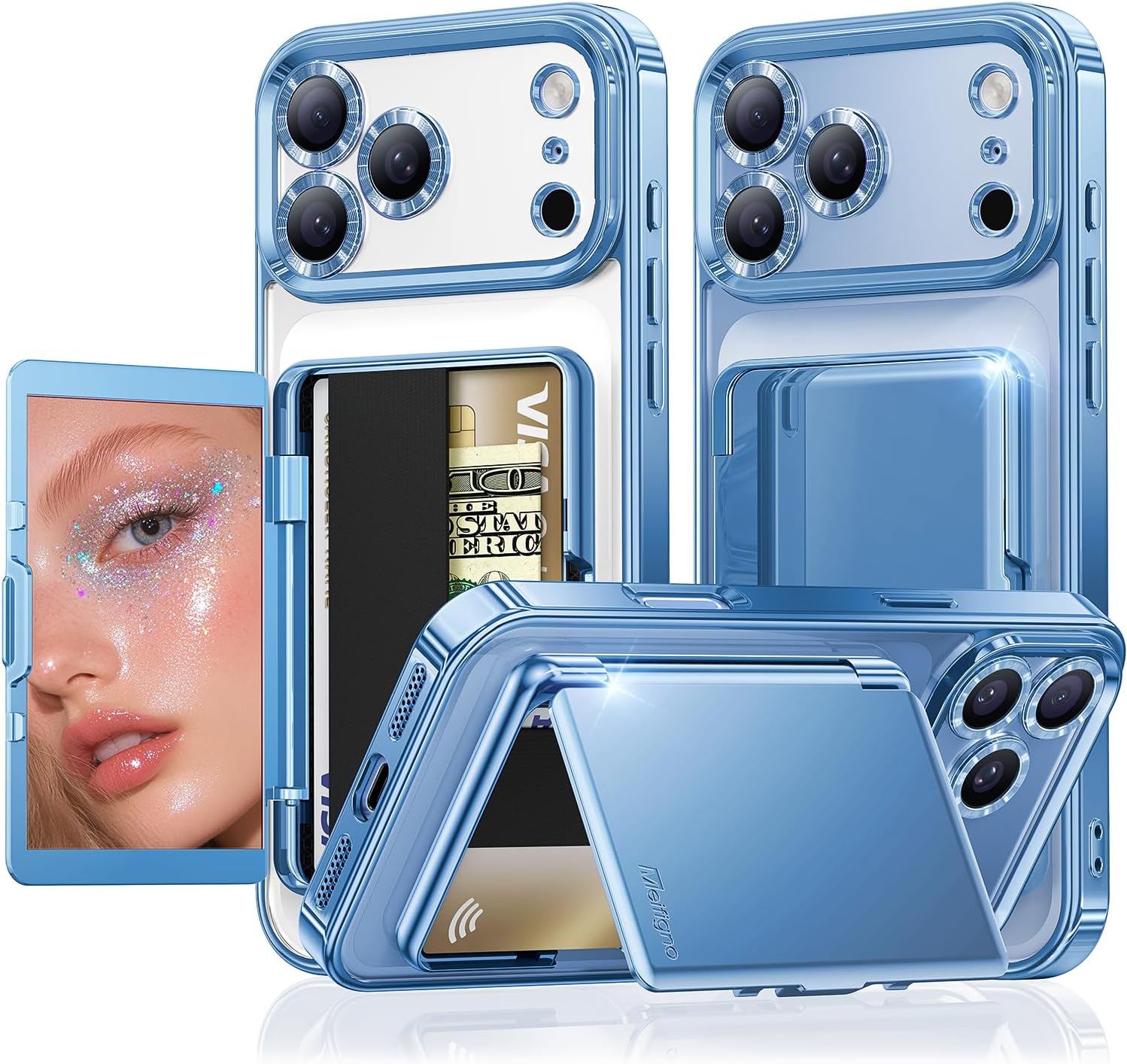 Detalle de Meifigno iPhone 18 Pro Wallet Case with Mirror and Kickstand, Glacier Blue