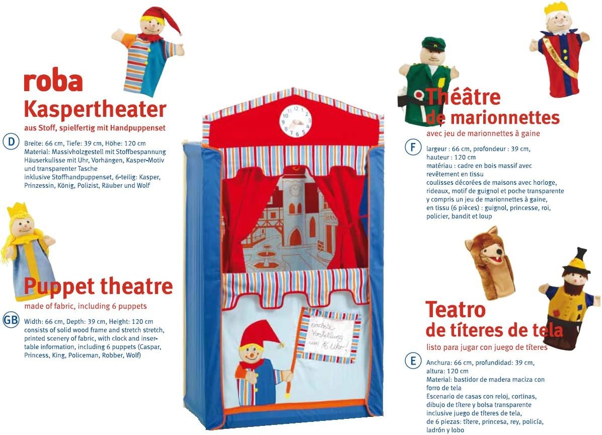 Detalle de roba dockteater med 6 handdockor, fristående med träram och gardiner