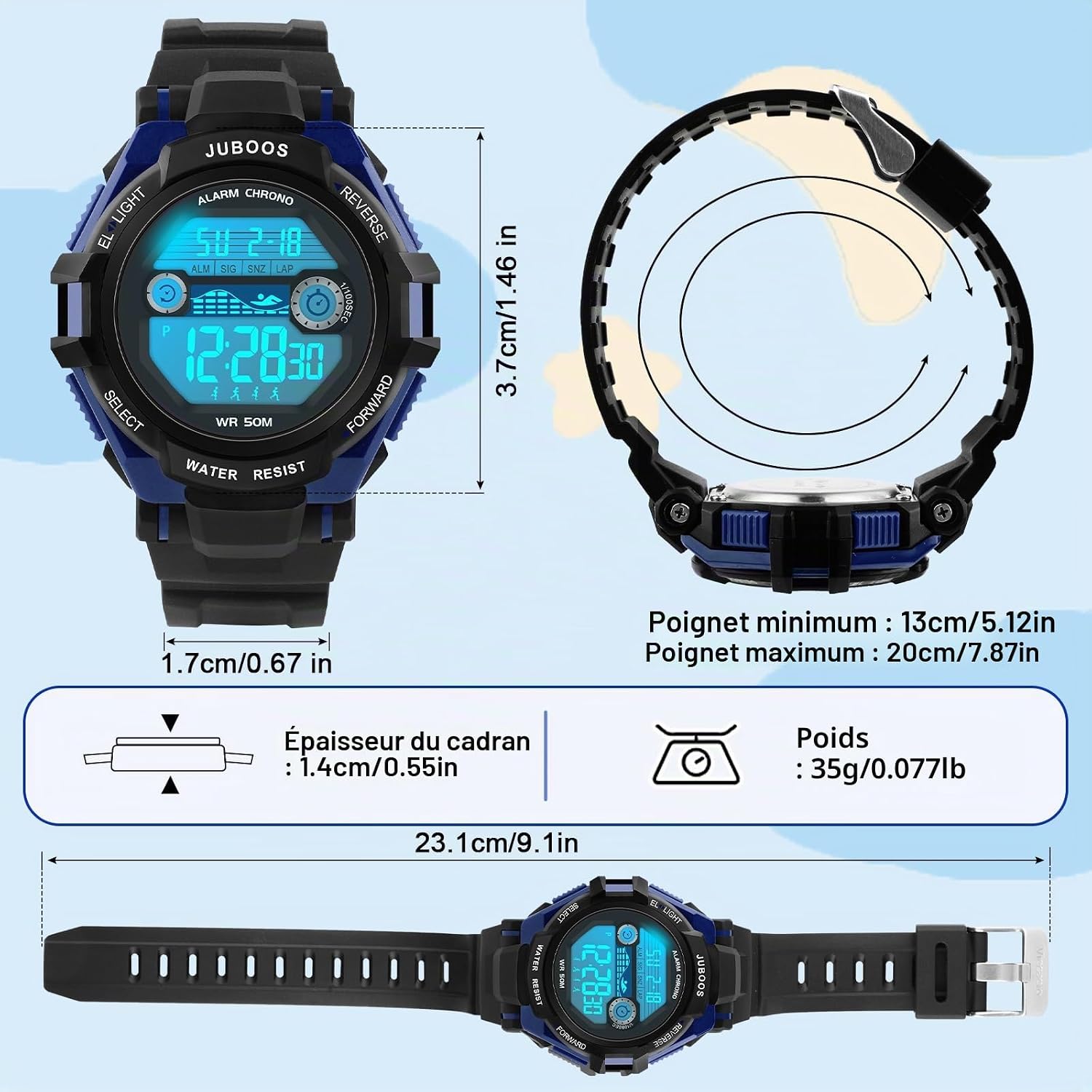 Detalle de Juboos Montre Enfant avec Bracelet Imprimé et 7 Lumières Colorées – Étanche, Oreilles de Chat, 5 à 15 Ans