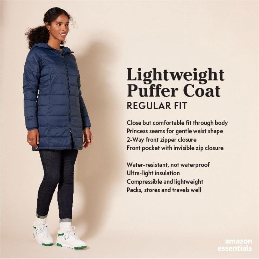 Detalle de Amazon Essentials Women's Lightweight Water-Resistant Packable Hooded Puffer Coat (Plus Size)