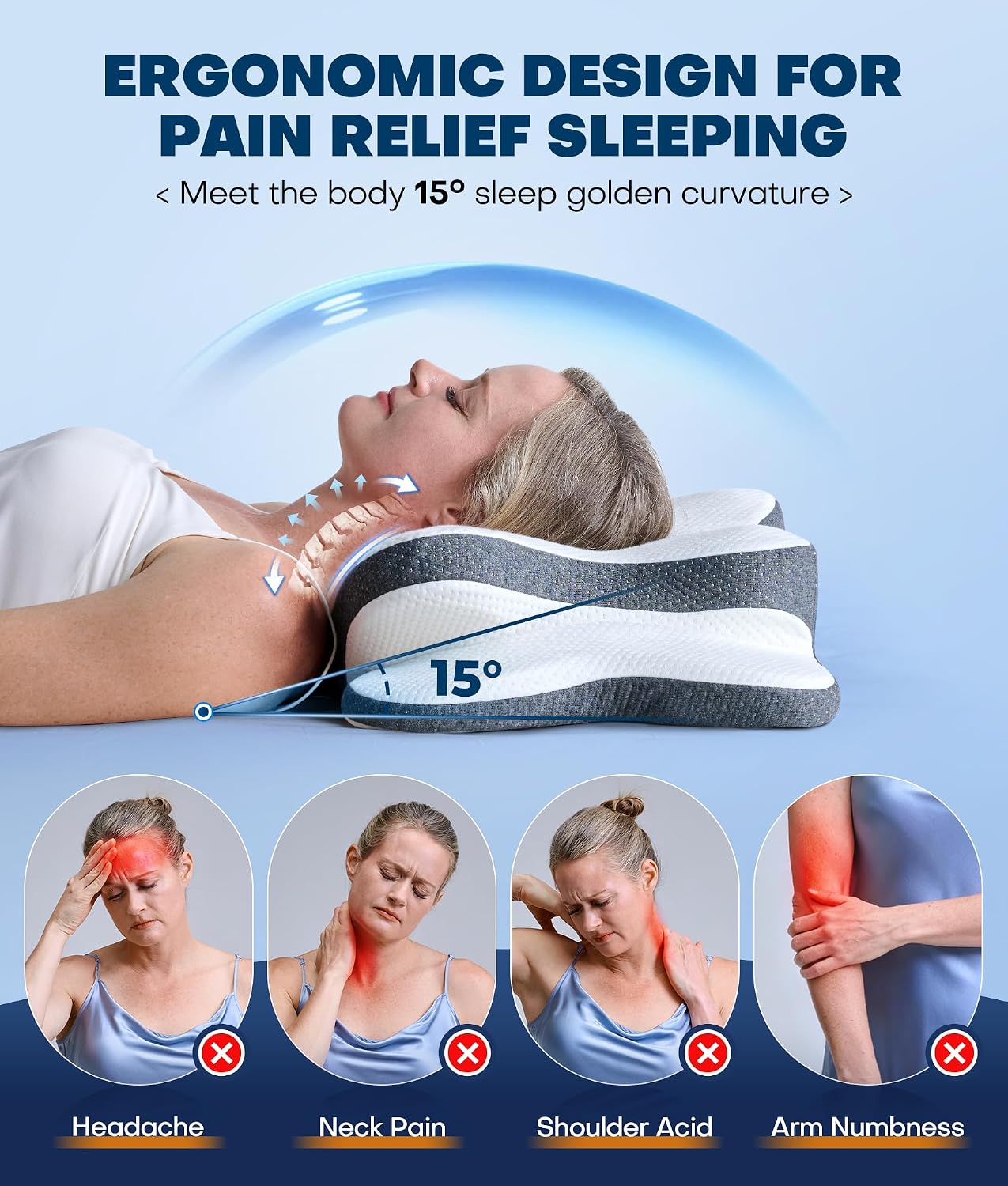 Thumbnail 2 de 5X Pain Relief Cervical Neck Pillow (Ergonomic Cooling Memory Foam) for Neck Support