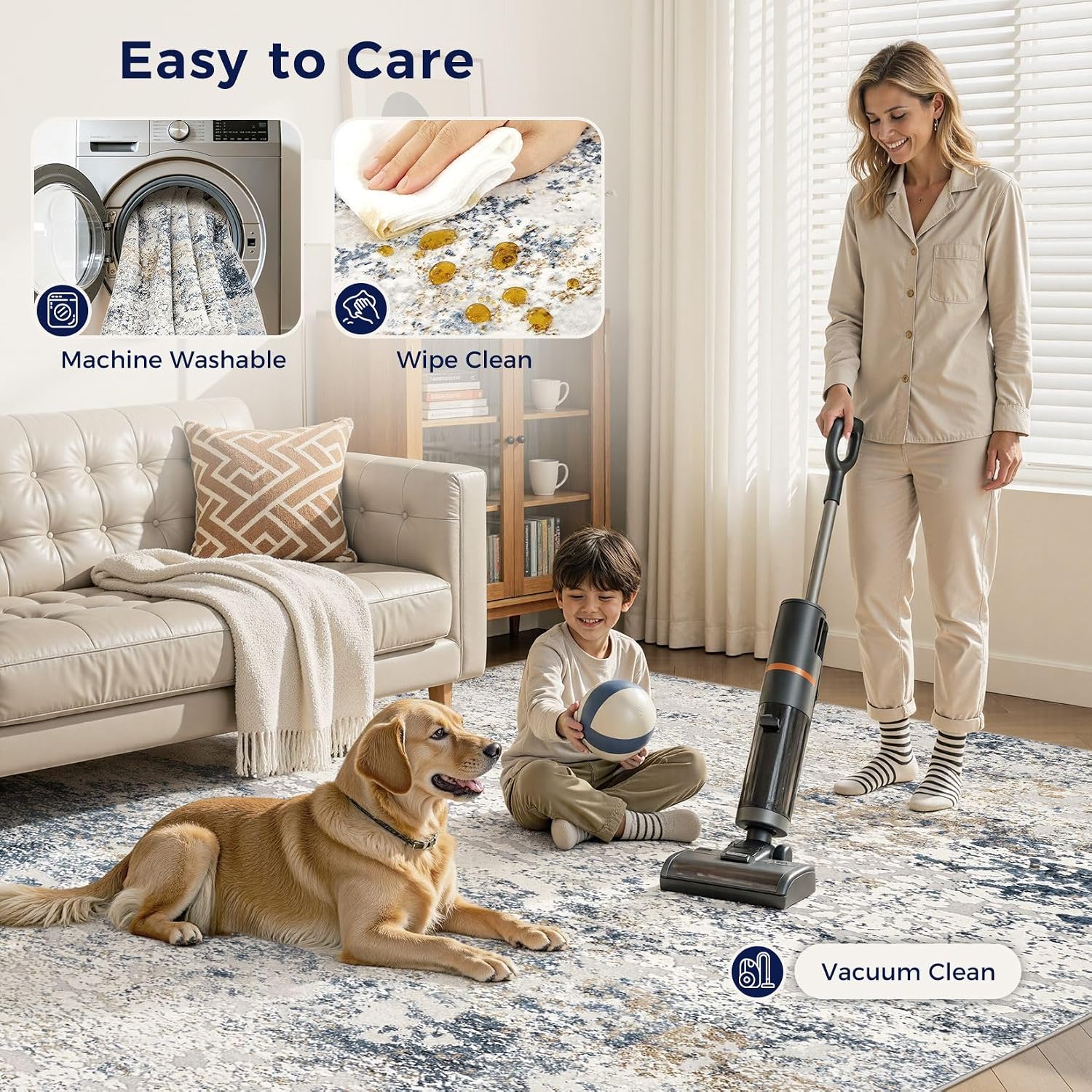 Detalle 1 de DMOYEST 8x10 Abstract Low Pile Area Rug (Neutral Beige Blue) — Soft, Washable Indoor Carpet