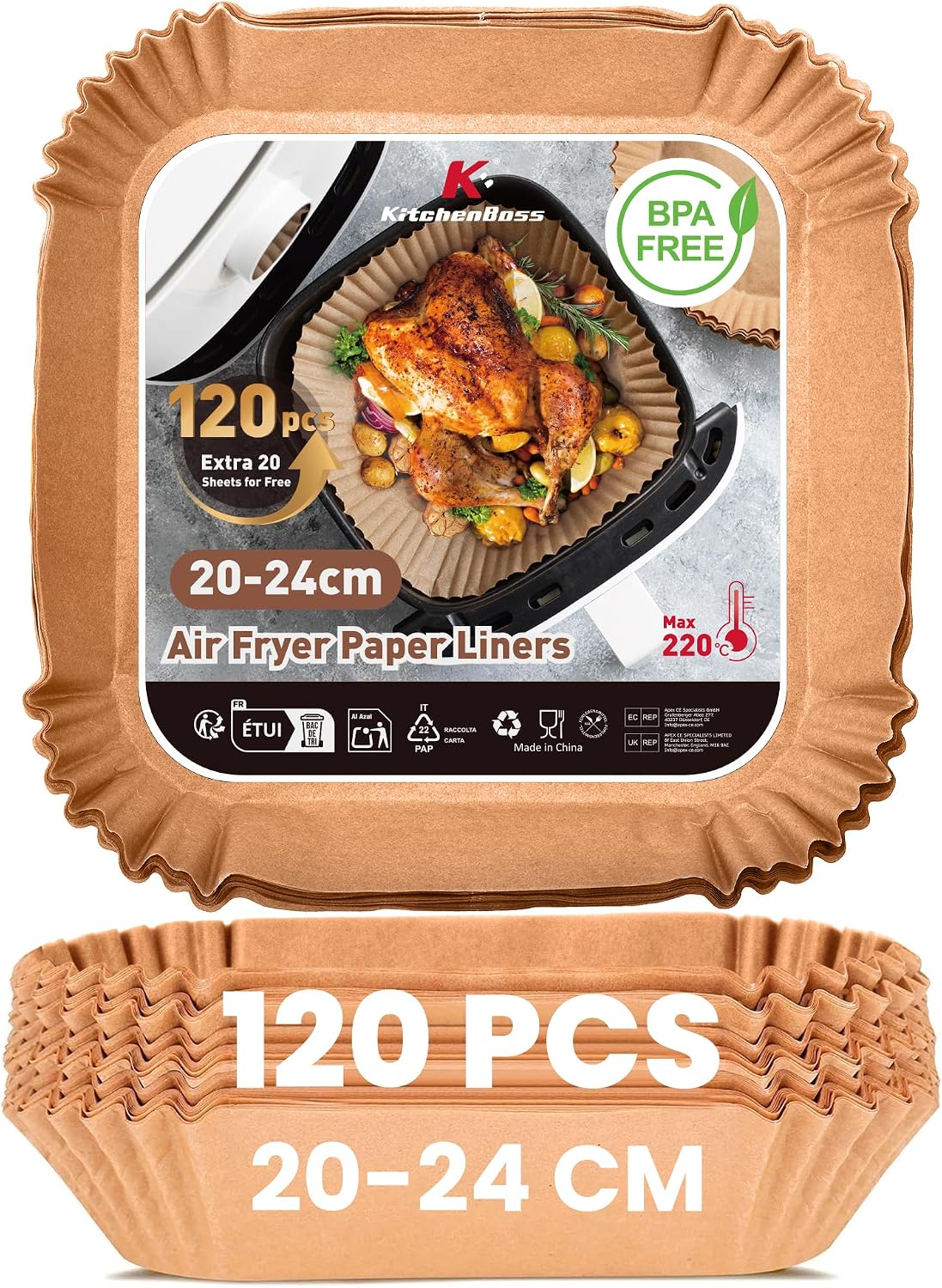 KitchenBoss Papier Cuisson Air Fryer - 120 feuilles carrées 20-24 cm, Bord antiadhésif et sans danger alimentaire