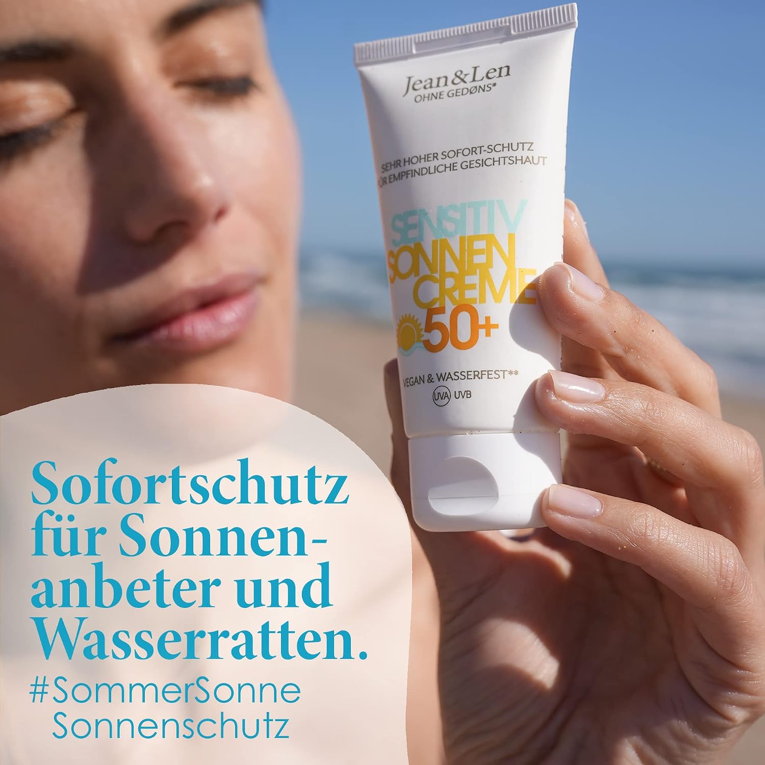 Detalle 2 de Jean & Len Sensitiv Sonnencreme SPF 50+ – wasserfest, parfumfrei, vegan, 50 ml