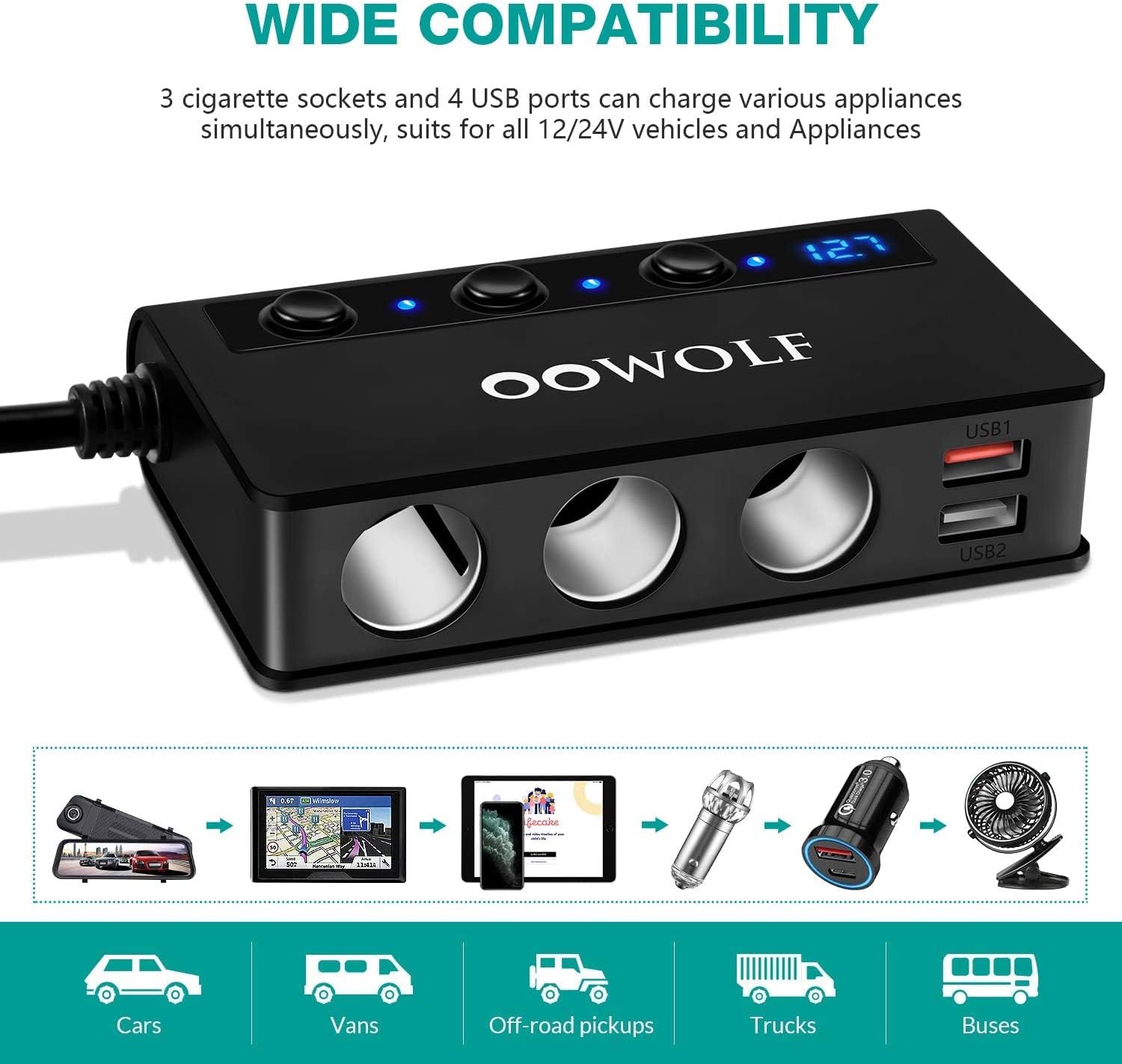 Thumbnail 3 de OOWOLF Quick Charge 3.0 Car Power Splitter 180W