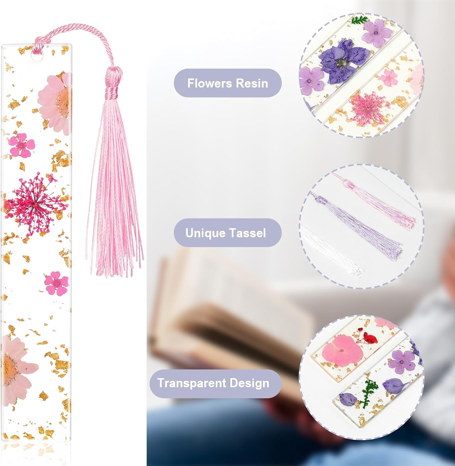 Thumbnail 2 de OFFCUP Gepresste Blumen Lesezeichen aus Harz (4 Stück) mit Quaste – Lesezeichen personalisiert