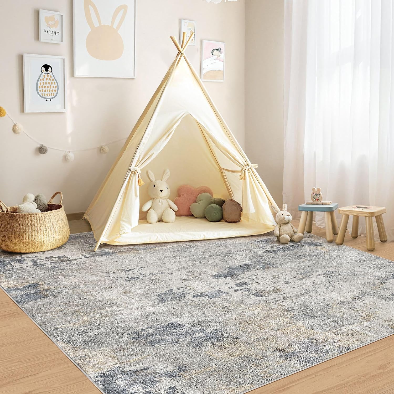 Detalle de UERMEI 6' x 6' Square Area Rug, Washable Blue Grey Abstract Design
