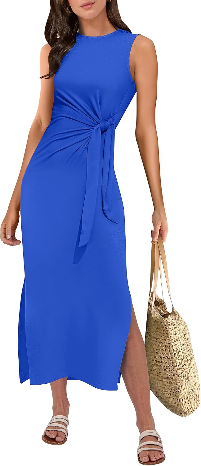 Detalle de ANRABESS Womens Summer Casual Sleeveless T Shirt Midi Dress – Slim Fit, Tie Waist, Beach-Ready Sundress