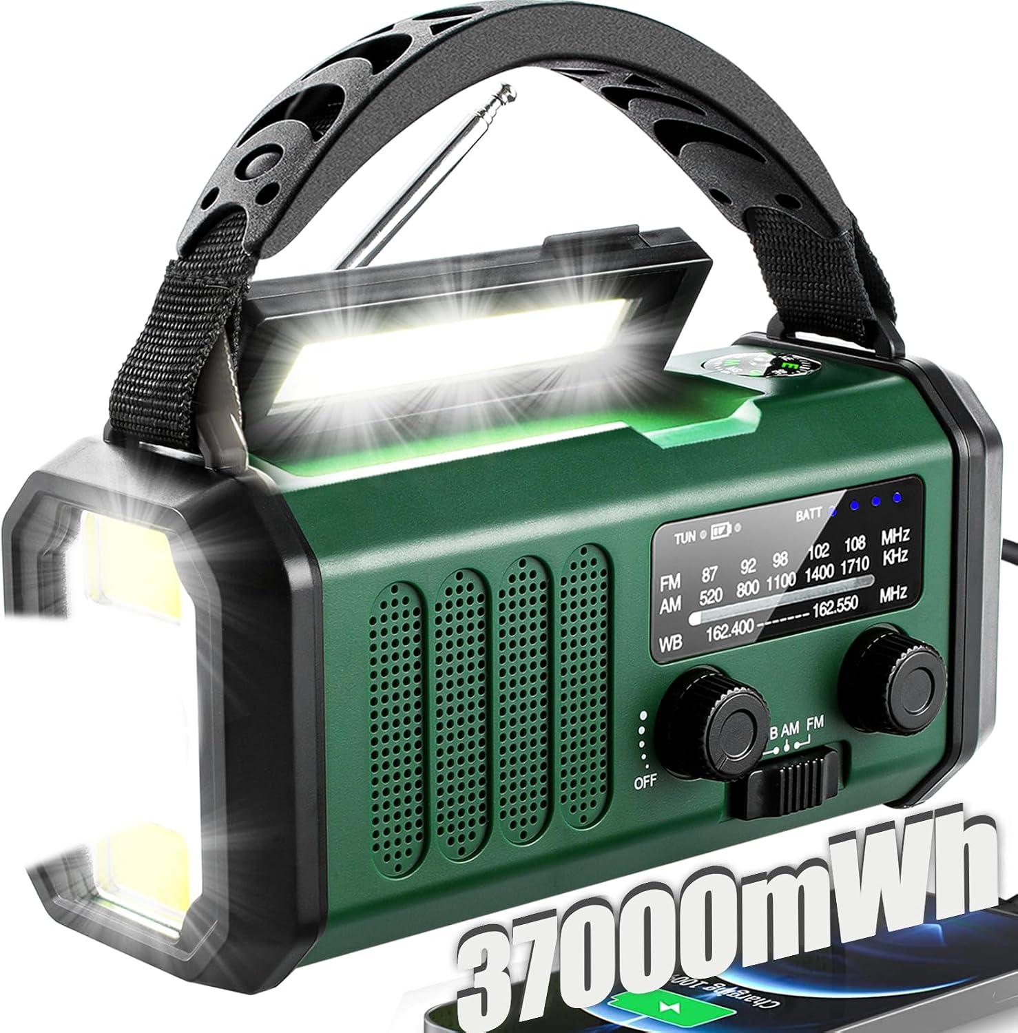 Detalle de QAUYYW Emergency Radio 37000 mAh with Crank 🔦