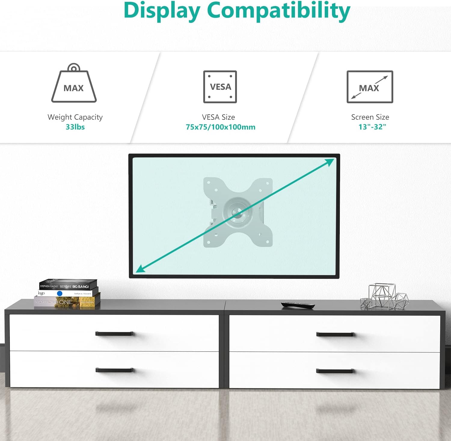 Detalle de WALI TV Wall Mount Articulating LCD Monitor Full Motion 15" Extension Arm Tilt Swivel (1330LM-W) – White