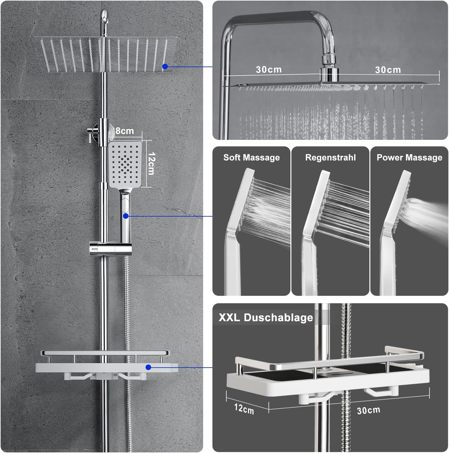 Detalle de JOHO Edelstahl Duschsystem ohne Armatur – Regendusche mit 30x30 cm Kopfbrause, Ablage und verstellbarer Stange