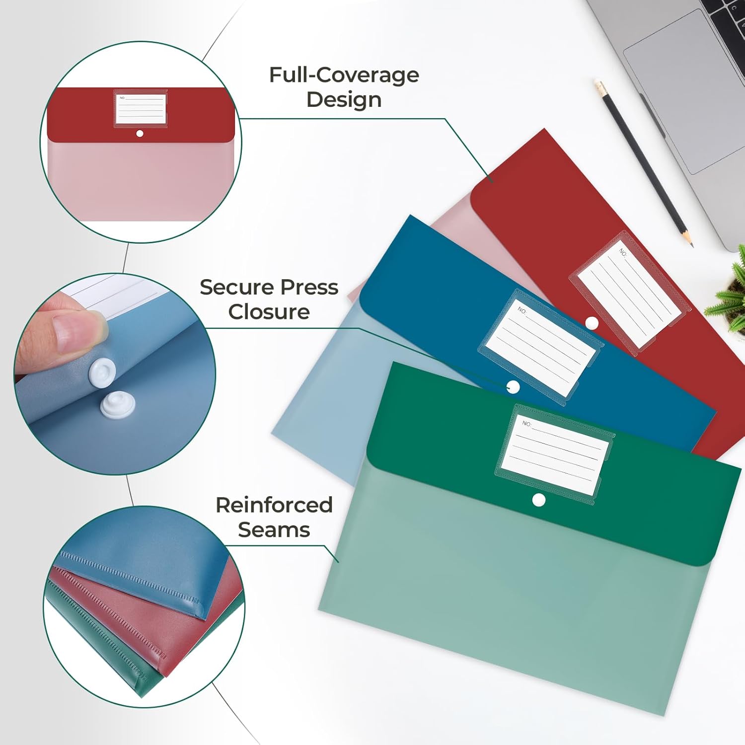 Thumbnail 5 de Euqvunn lot de 32 pochettes A4 en plastique PP, 8 couleurs avec bouton-pression