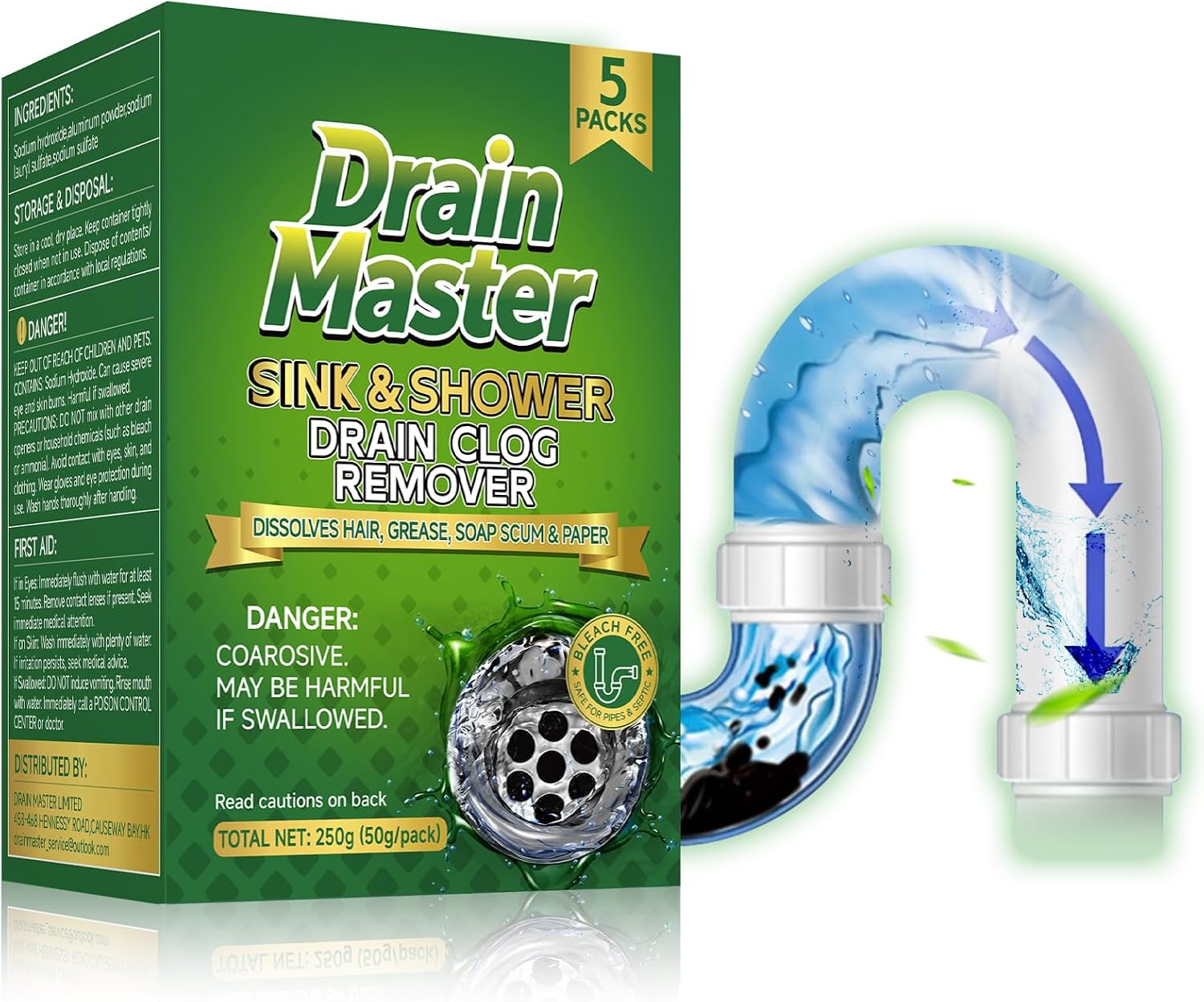 Detalle de Drain Master Drain Cleaner Powder, 5 Pre-Measured Packets for Sinks and Showers