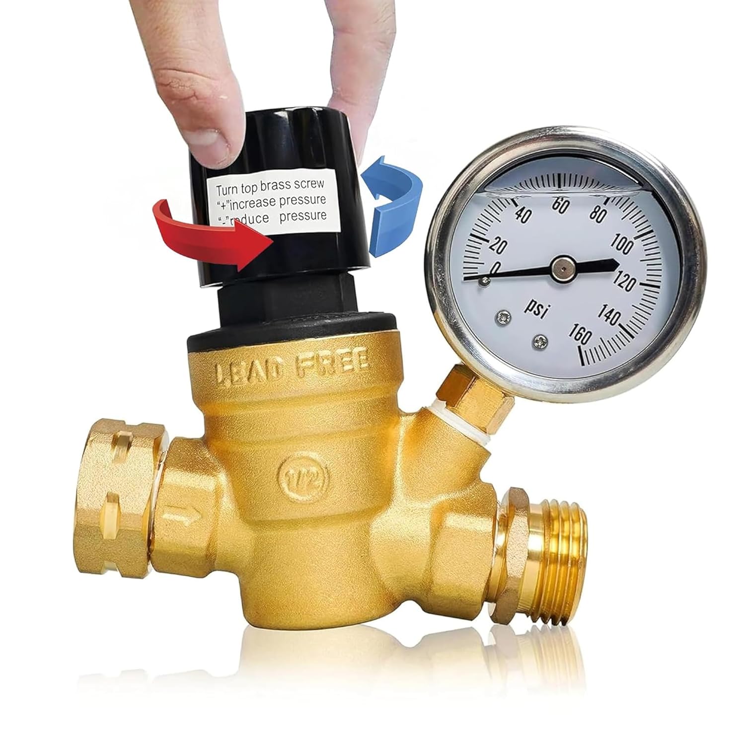 Hourleey RV Water Pressure Regulator (Adjustable Handwheel, Brass) with Gauge & Inlet Screen Filter