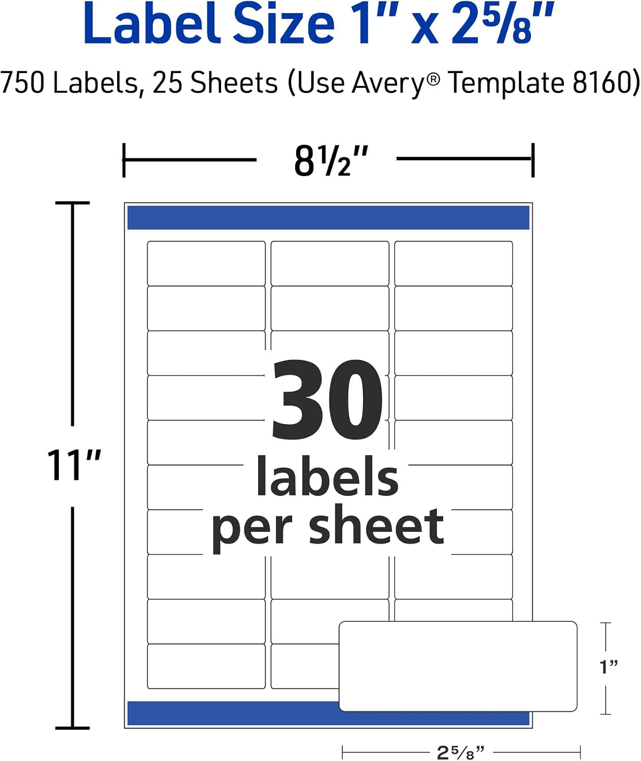 Detalle de Avery Easy Peel Address Labels, Inkjet Printers, White, 1" x 2-5/8", Box of 750 (08160)