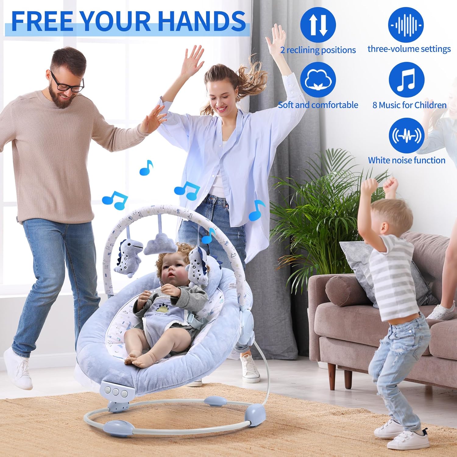 Thumbnail 1 de LADIDA Soft Light Blue Baby Bouncer with Soothing Vibrations and Music