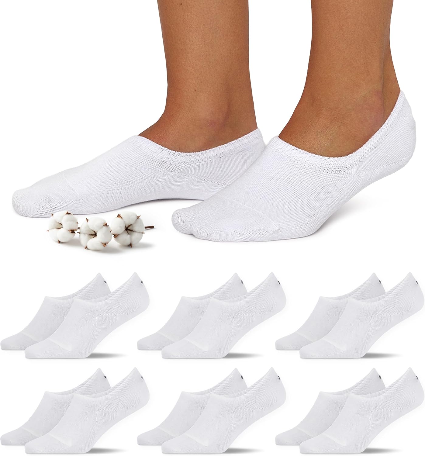 Detalle de Snocks Füßlinge Damen & Herren aus Bio-Baumwolle – 6 Paar, unsichtbar, rutschfest, Größe 35–50