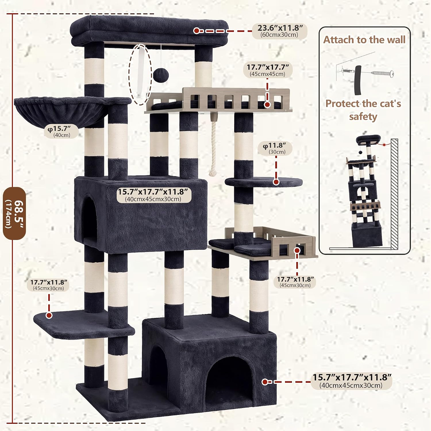 Thumbnail 6 de Gitelsnour GCT033G Maine Coon Cat Tree with 2 Condos and 15 Sisal Posts