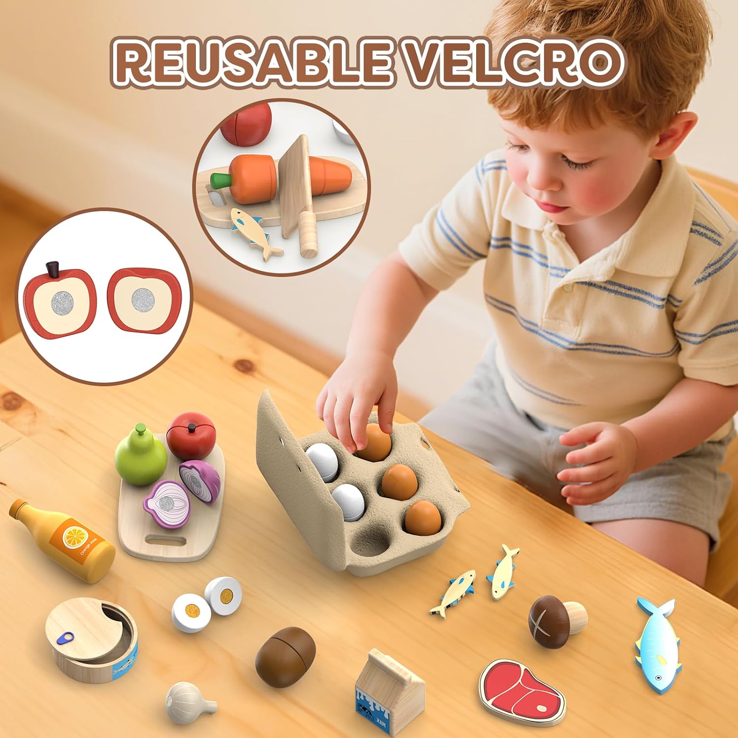 Detalle 2 de Kinderküche Zubehör Holz – Spiel-Lebensmittel-Set zum Schneiden (Obst & Gemüse) ab 3 Jahren