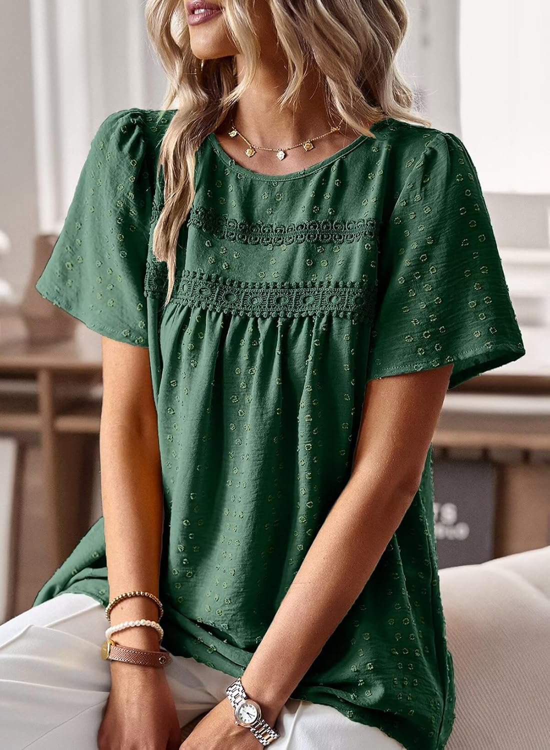 Detalle de Falechay Summer Boho Blouse for Women with Crew Neck and Crochet Lace Edges