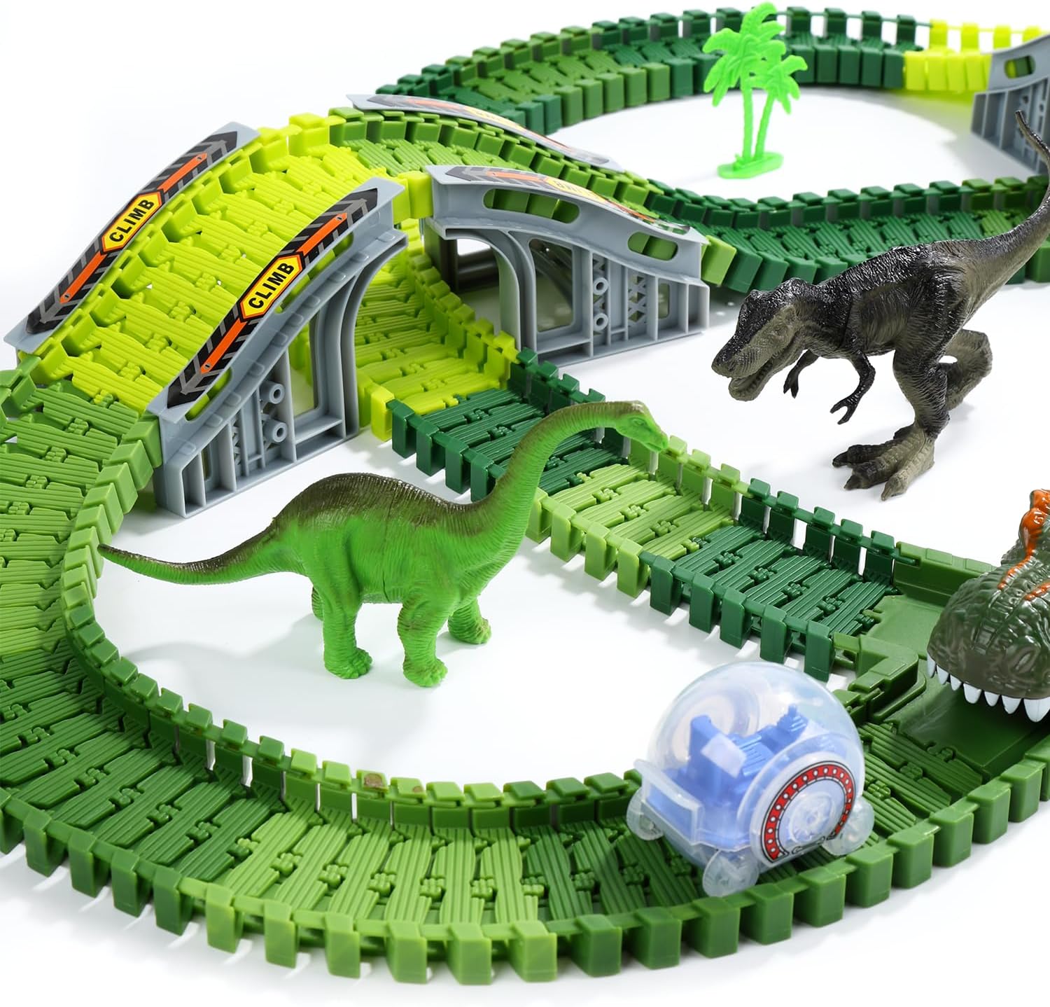 Detalle 2 de EagleStone Dinosaur Race Track Toy Set (210 pieces) — Light-Up Dino Cars & Figures