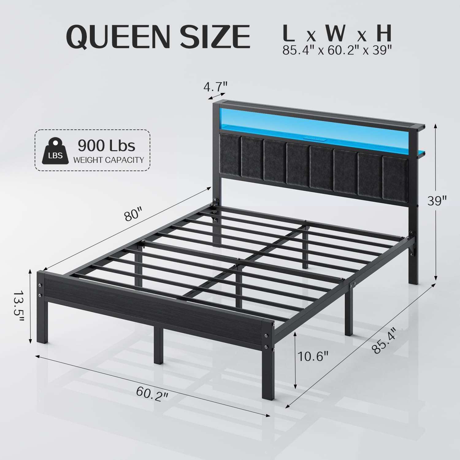 Detalle de OLEVS Queen Bed Frame, Metal Platform with RGB LED Lights and Storage Headboard