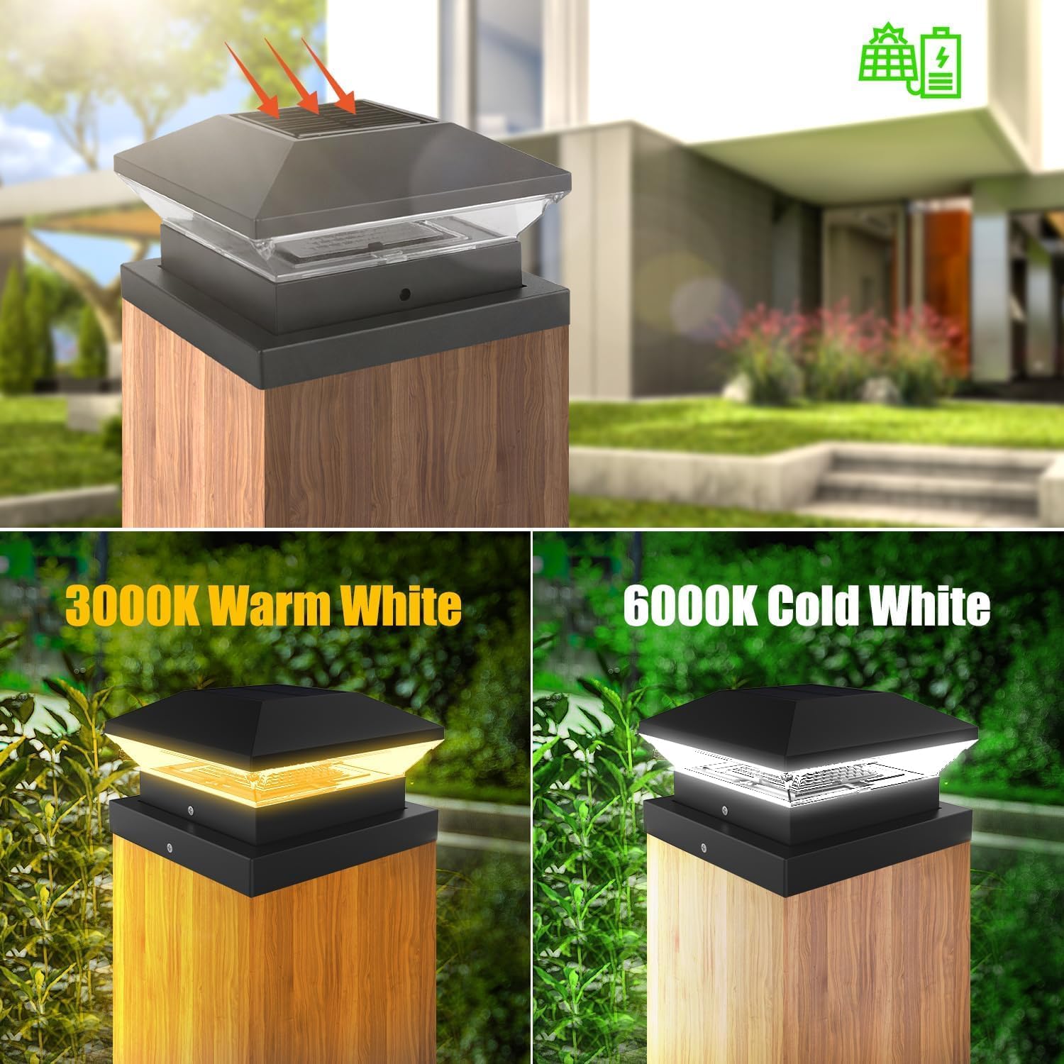 Detalle de NATPOW Solar Post Lights (Warm & Cool White) – IP65 fence post cap lamps, 2-pack