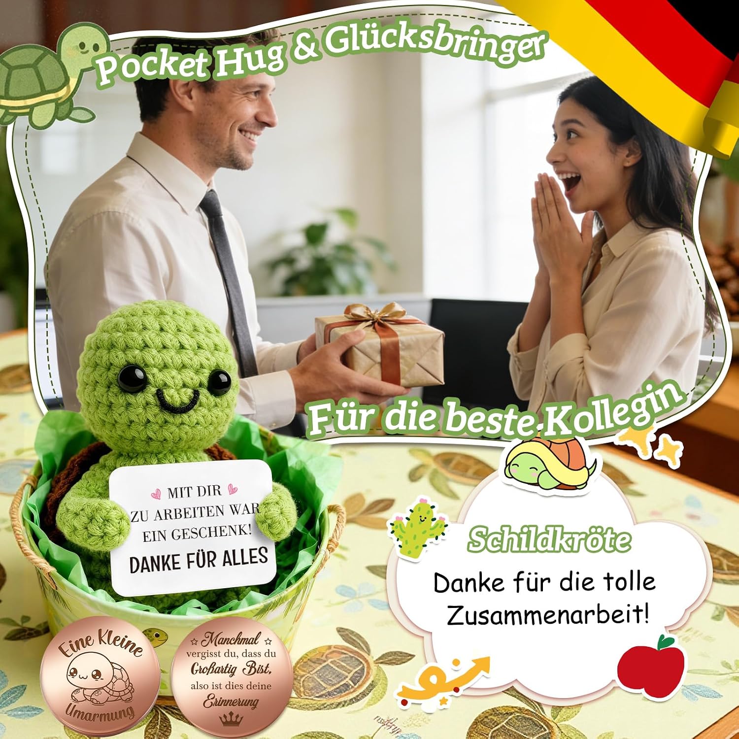 Detalle de Giftota Abschiedsgeschenk für Kollegin & Kollege: Pocket Hug Schildkröte mit Mutmacher-Glucksmünze