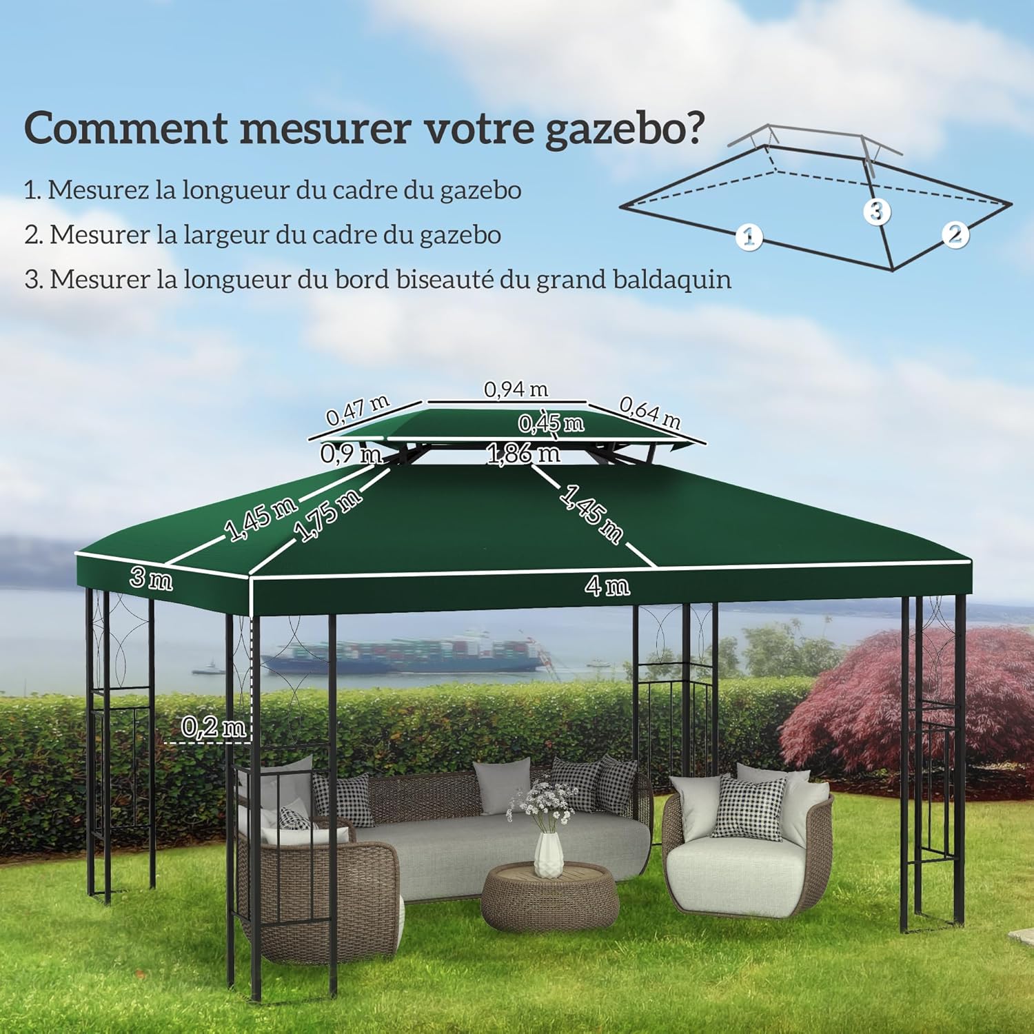 Thumbnail 2 de Outsunny Toile de Rechange pour pavillon tonnelle 3 x 4 m – Vert, polyester haute densité 180 g/m²