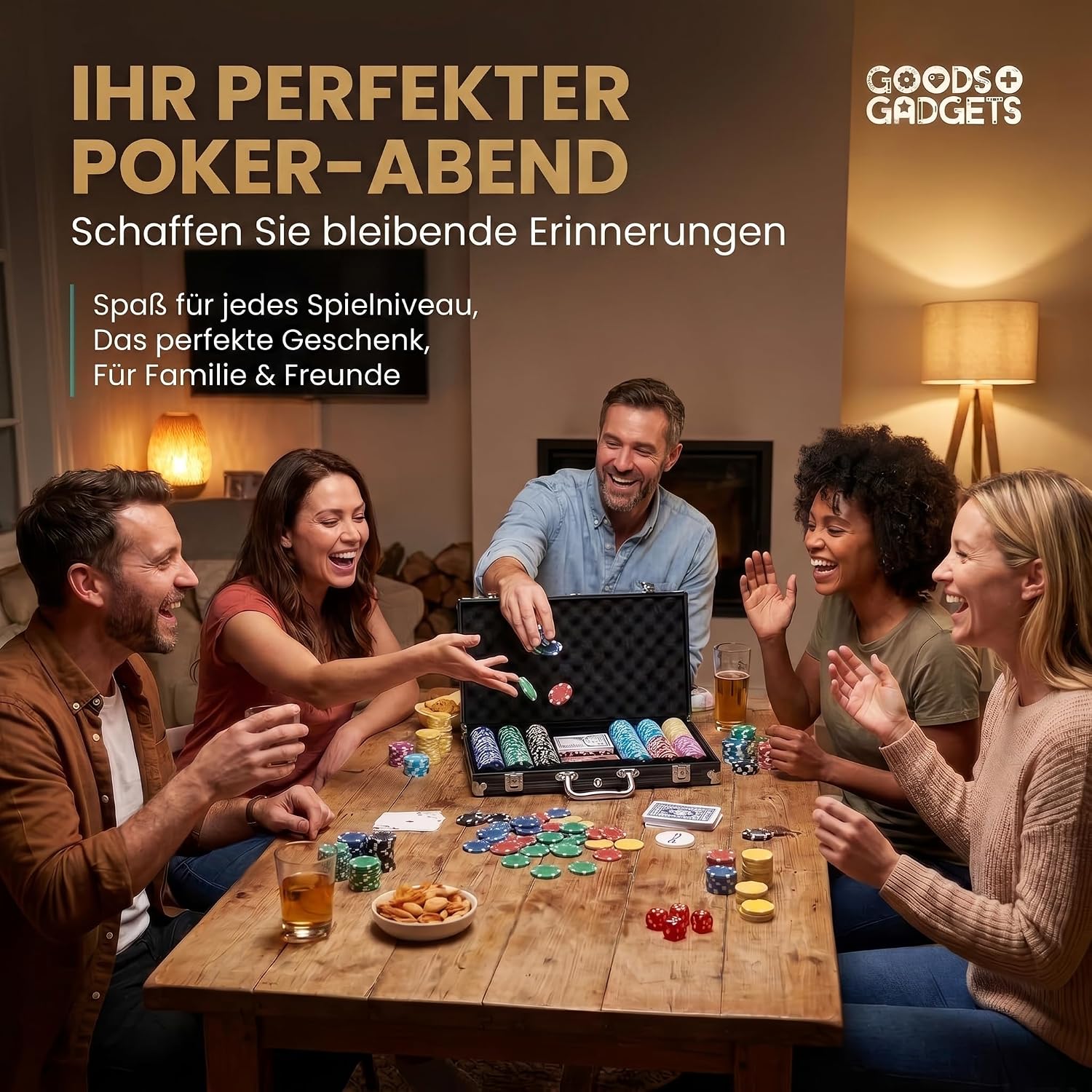 Detalle de Profi Pokerkoffer Pokerset inkl. 300–500 schwerer 12g Poker-Chips, Deck, Karten, Würfel, Dealer-Button – abschließbarer Alu-Koffer