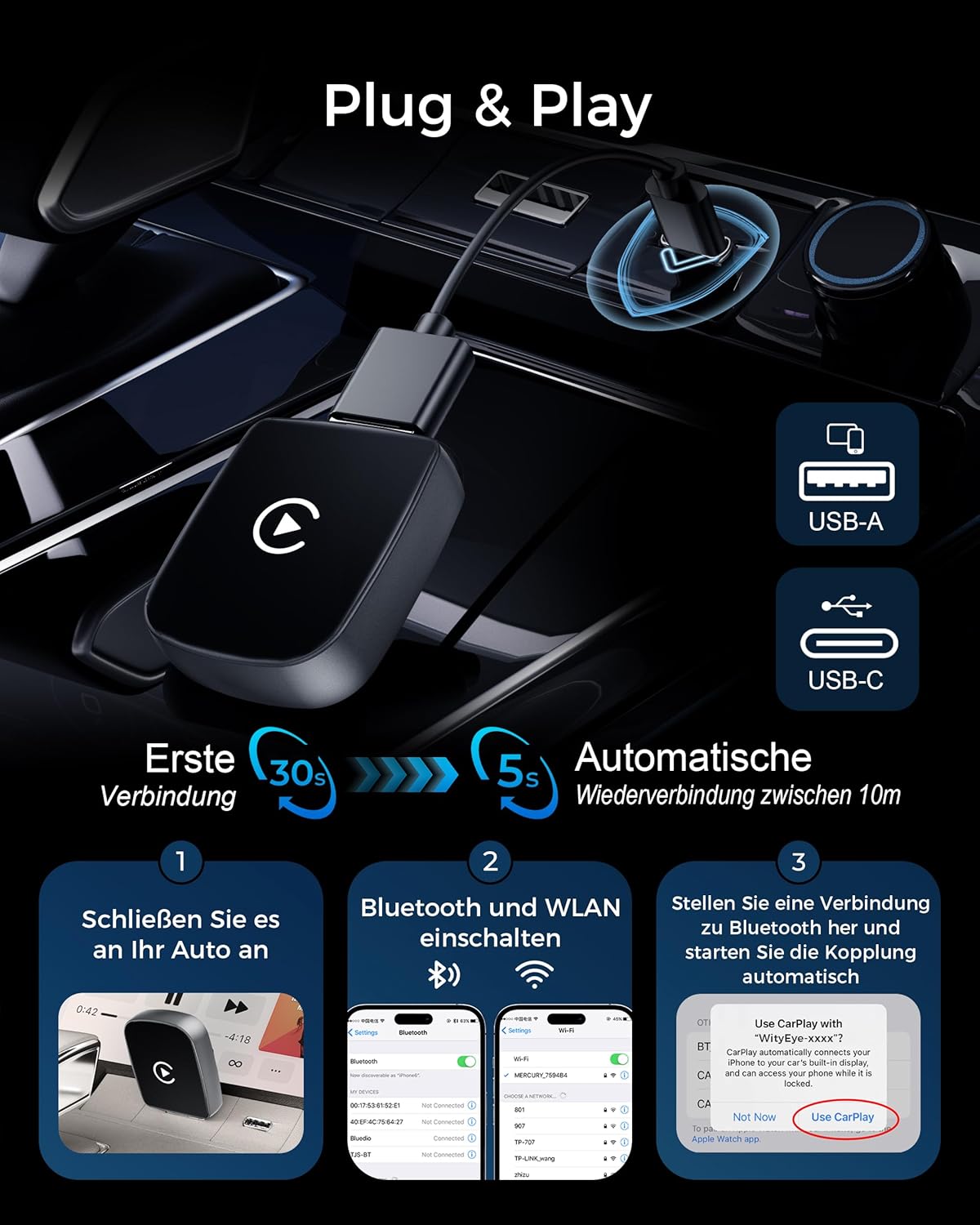Detalle de WityEye CarPlay & Android Auto Wireless Adapter 2-in-1 (V5.3) – stabile Verbindung, Dualband-WiFi 6