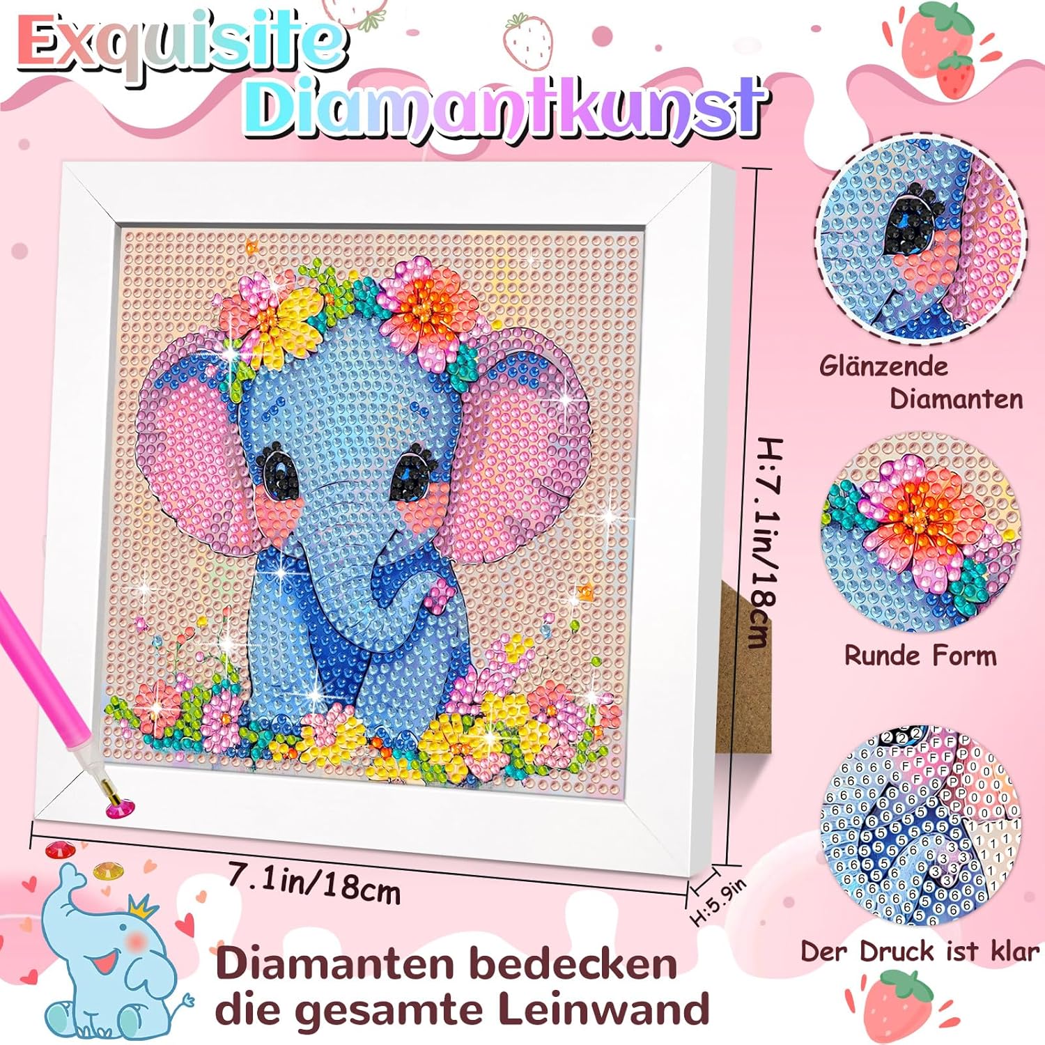 Thumbnail 3 de Jieyisier Elefant 5D Diamond Painting Set mit Holzrahmen (6x6 Zoll) – DIY Tierbild zum Selbermachen