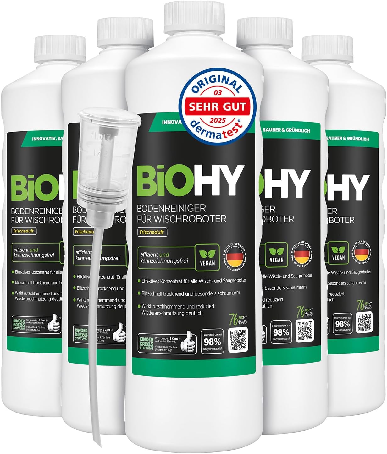 Detalle de BIOHY vloerreiniger voor dweilrobots, concentraat 1:200, 6 x 1 liter met dispenser