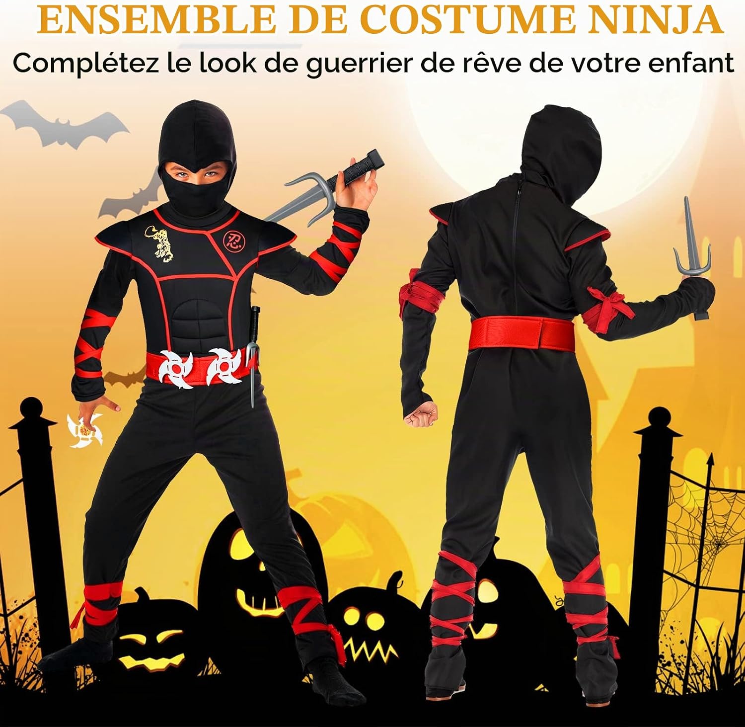 Detalle de AOMIG C2-B-XL220914 ninjakostuum voor kinderen, rood-zwart met accessoires