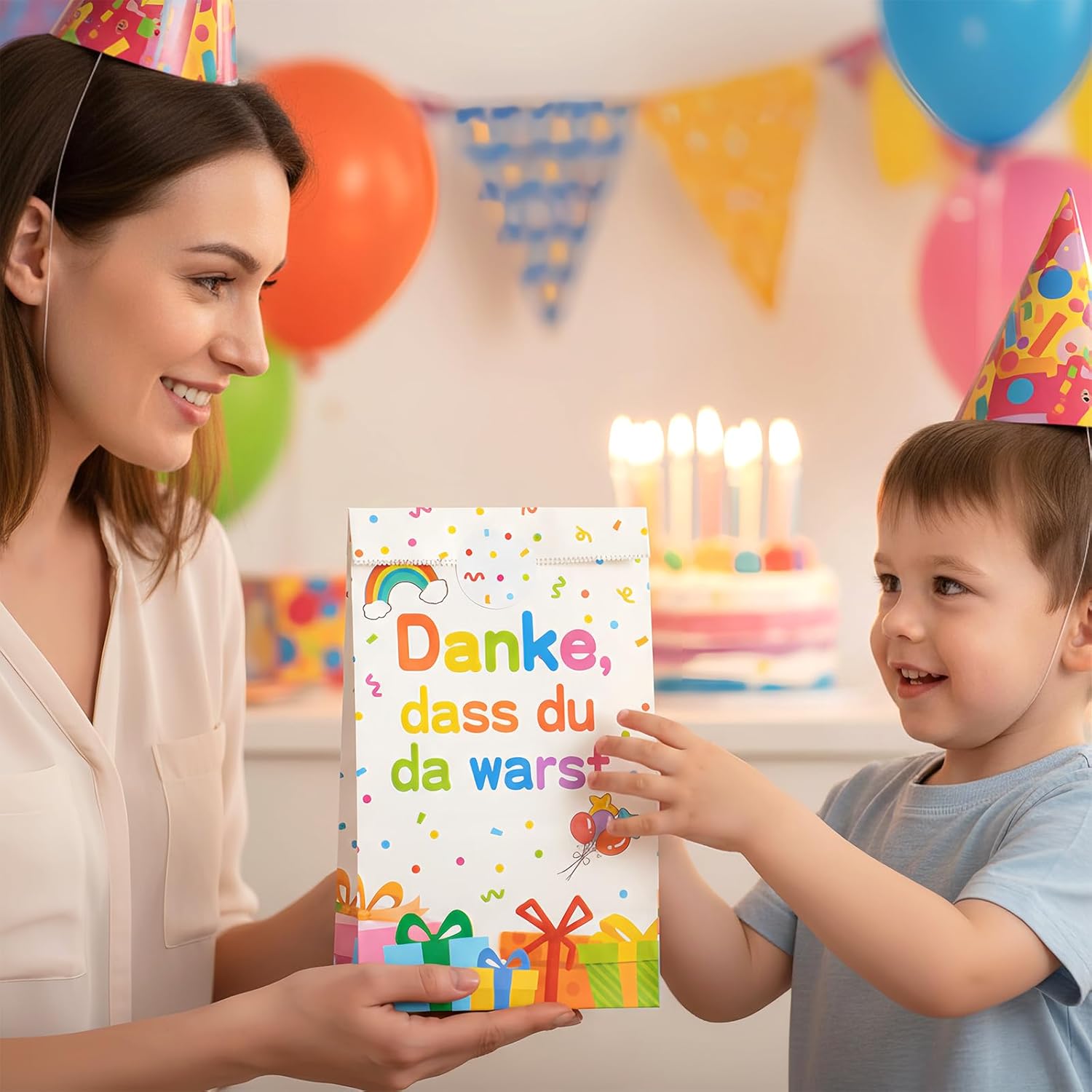 Thumbnail 6 de TianYueXi 16 Kinder-Geschenktüten zum Kindergeburtstag inkl. 24 Aufklebern (Regenbogen-Design)