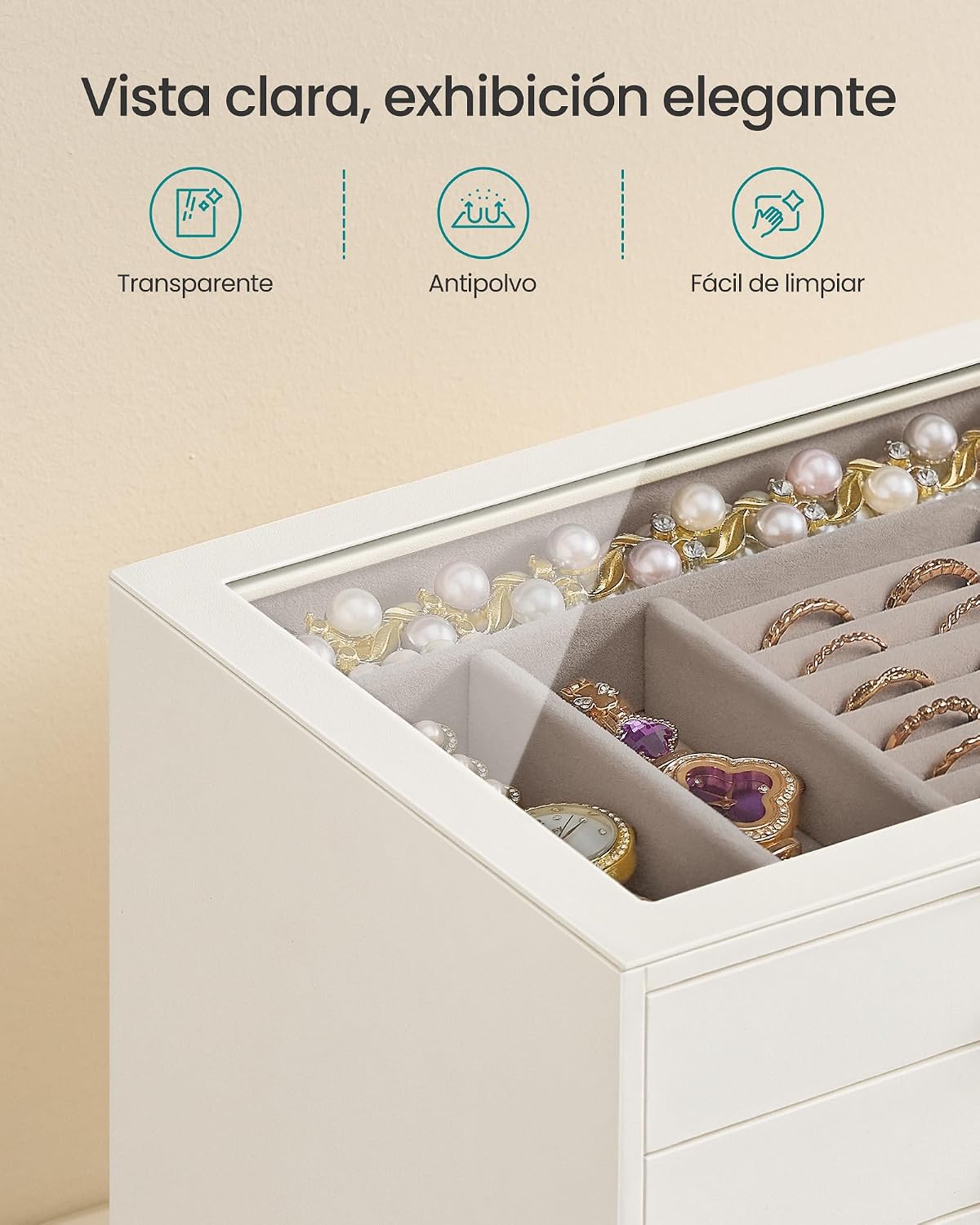Detalle de SONGMICS Joyero con 7 cajones y tapa de cristal – Organizador elegante para joyas