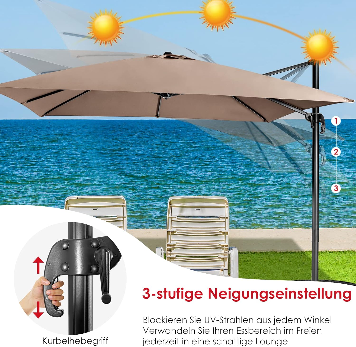 Thumbnail 3 de COSTWAY Sonnenschirm 300 x 300 cm quadratisch – Ampelschirm mit Kurbel, 360° drehbar, braun