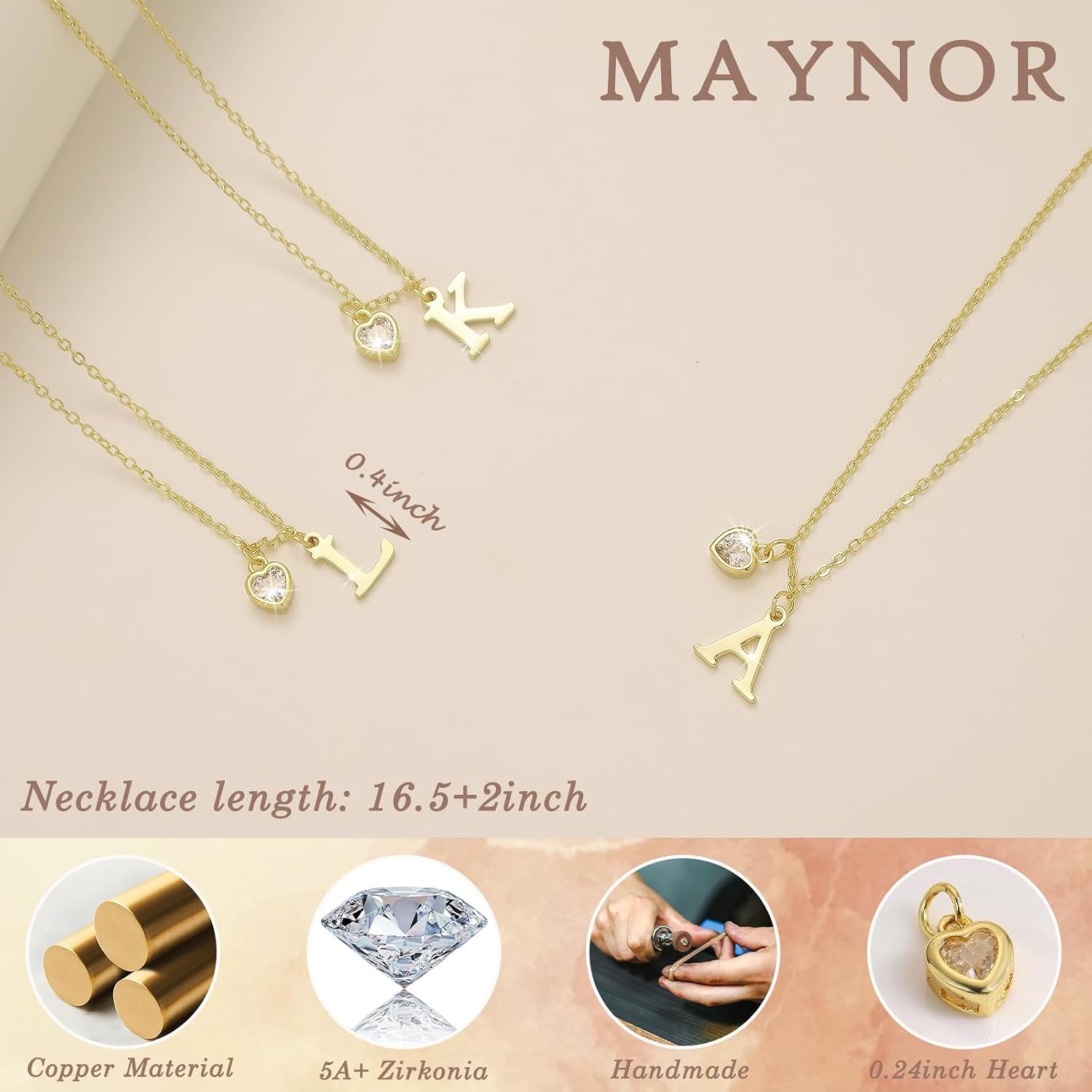 Detalle de Maynor Gold Damen Buchstaben Kette mit Herzanhänger – Initialen A–Z, 18K Vergoldet, 42 cm + 5 cm Verlängerung