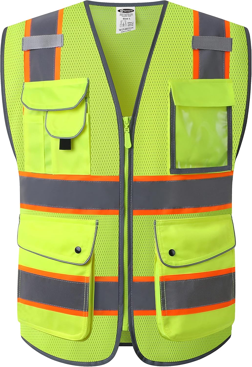 Detalle de JKSafety 9-Pocket Hi-Vis Neon Yellow Zipper Front Mesh Safety Vest (ANSI/ISEA Class 2, 100-Yellow, Size L)
