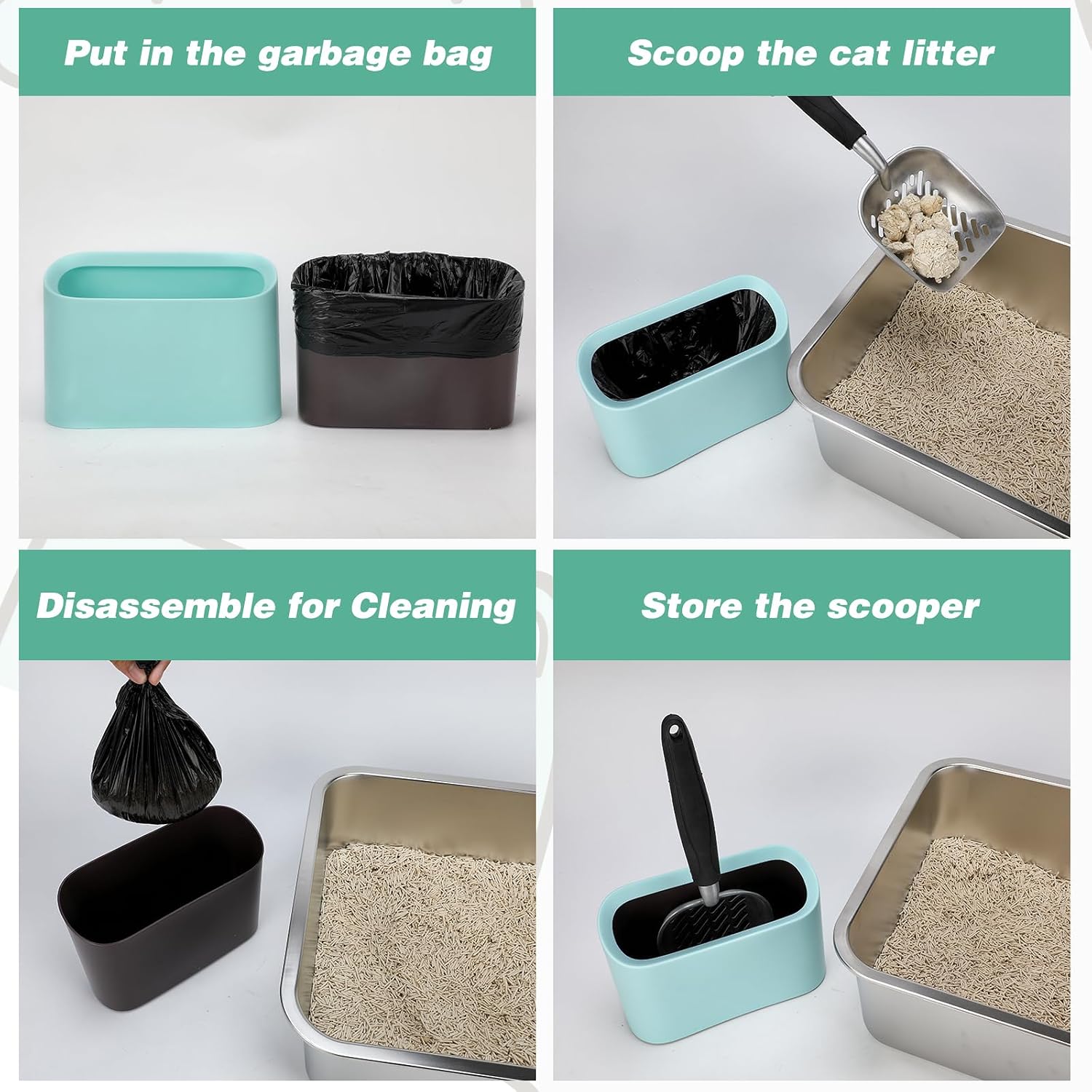 Detalle de Mfsdai Aluminium Cat Litter Scoop with Holder – Ergonomic Long Handle, 5 mm Sieve & 2-in-1 Waste Container (Green)