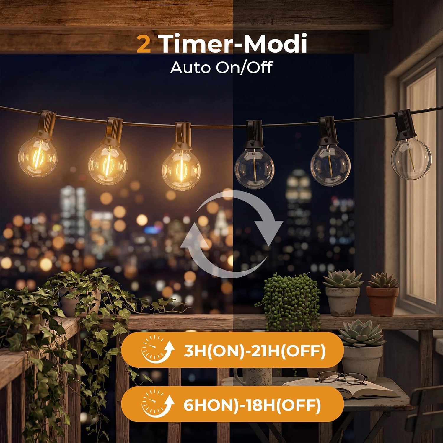 Detalle 2 de Litogo Außen-Lichterkette 15 m mit Fernbedienung – dimmbar, Timer, IP44, 18 LEDs, 24V Sicherheit, Warmweiß