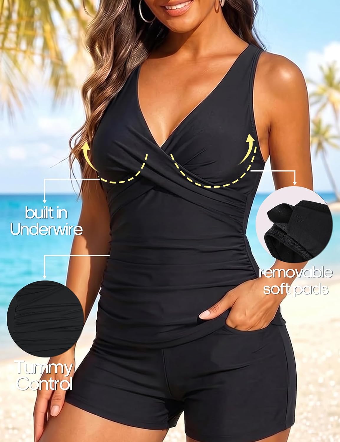 Thumbnail 3 de Hilor Women's Underwire Tankini Top with Tummy Control and Crossover V-Neck