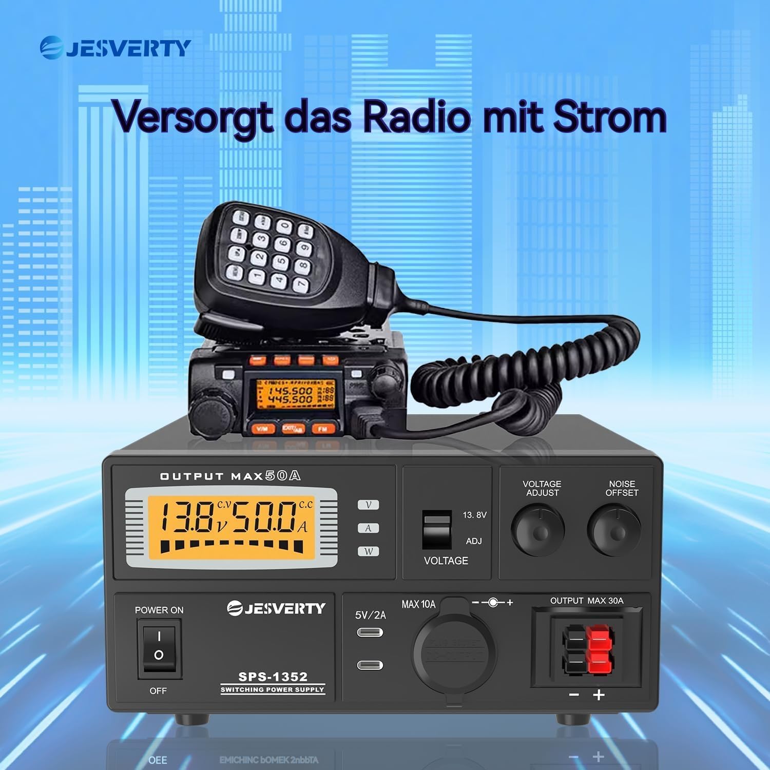 Detalle de Jesverty SPS-1352: Universelles kompaktes Tischnetzteil mit 50 A, vielseitigen Anschlüssen und Rauschunterdrückung
