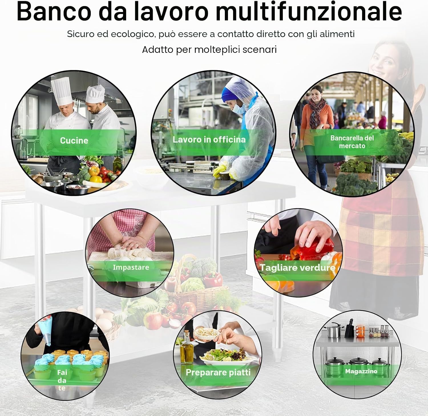 Thumbnail 5 de VA-Cerulean Tavolo da lavoro in acciaio inox con piedi regolabili – robusto banco per cucina, officina e bar