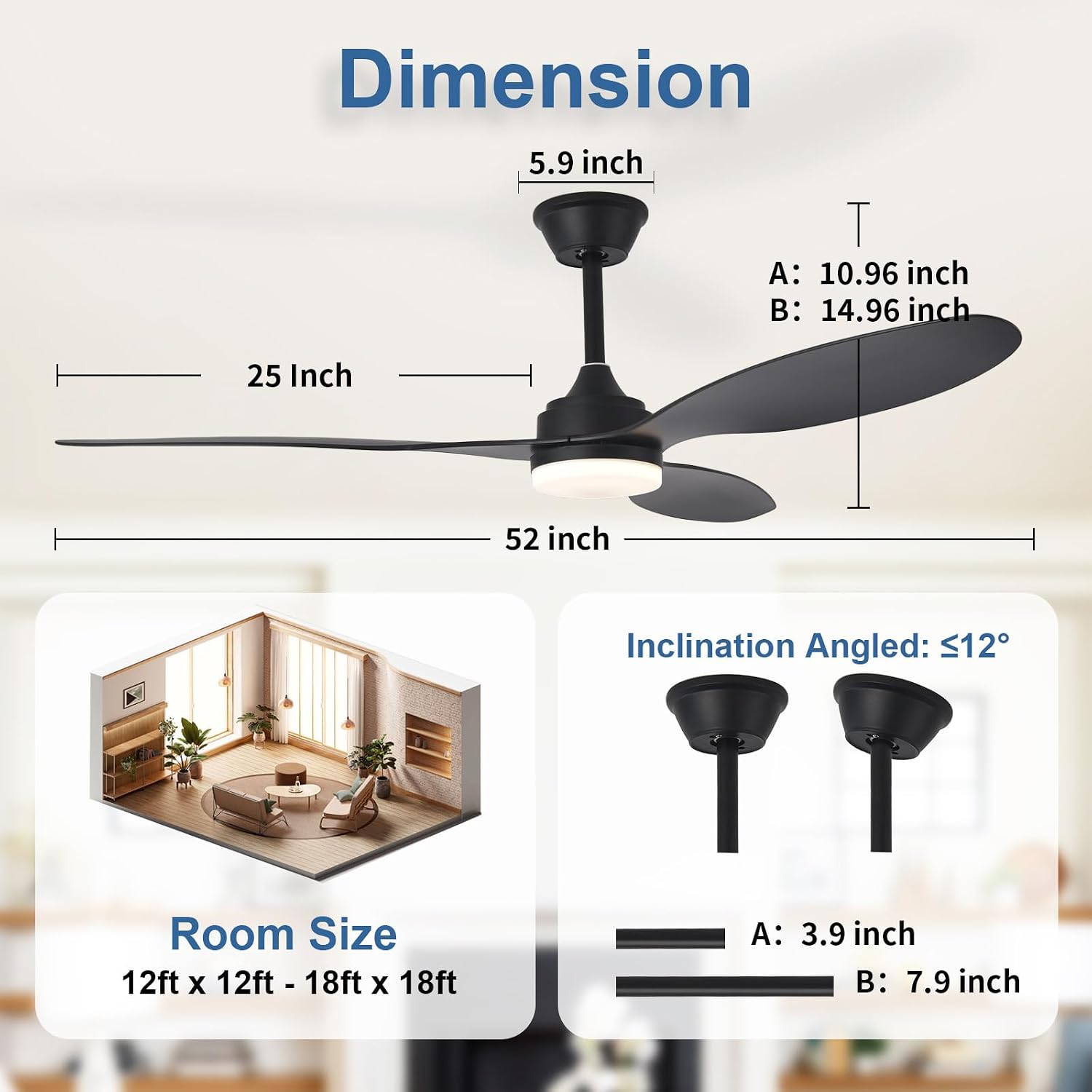 Detalle 2 de AIROPLUX 52IN-3BLD-BK 52-inch Ceiling Fan with Dimmable LED and App Control
